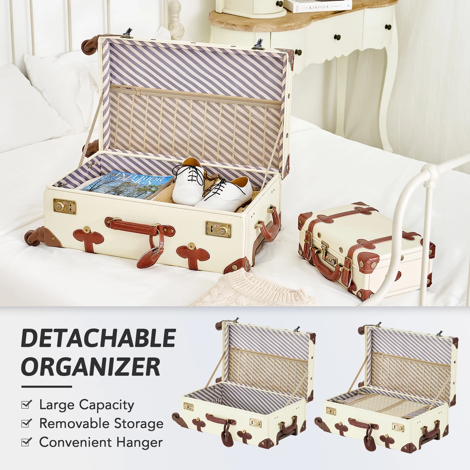 CO-Z Premium PU Vintage Classic Old-Fashioned Beige Trolley Suitcase and Hand Bag Set with TSA Locks Essential Luggage Choice