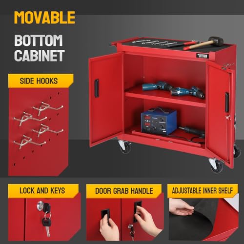 TUFFIOM 5-Drawer Rolling Tool Chest Storage Cabinet w/Drawers, Wheels, Detachable Top & Adjustable Shelf, Mechanic Tool Organizer Box for Garage, Workshop, Warehouse & Repair Shop, Red & Black