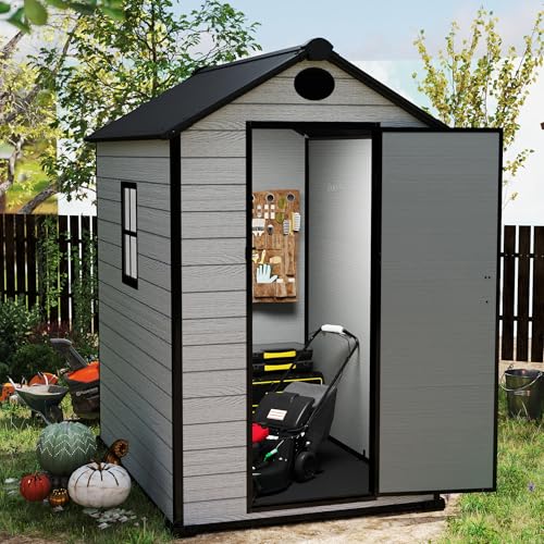 7.3 x 12 FT Shed Resin Outdoor Storage with Floor, 566 cuft Plastic Shed with Window and Lockable Door for Garden, Backyard, with Wood Texture, Grey