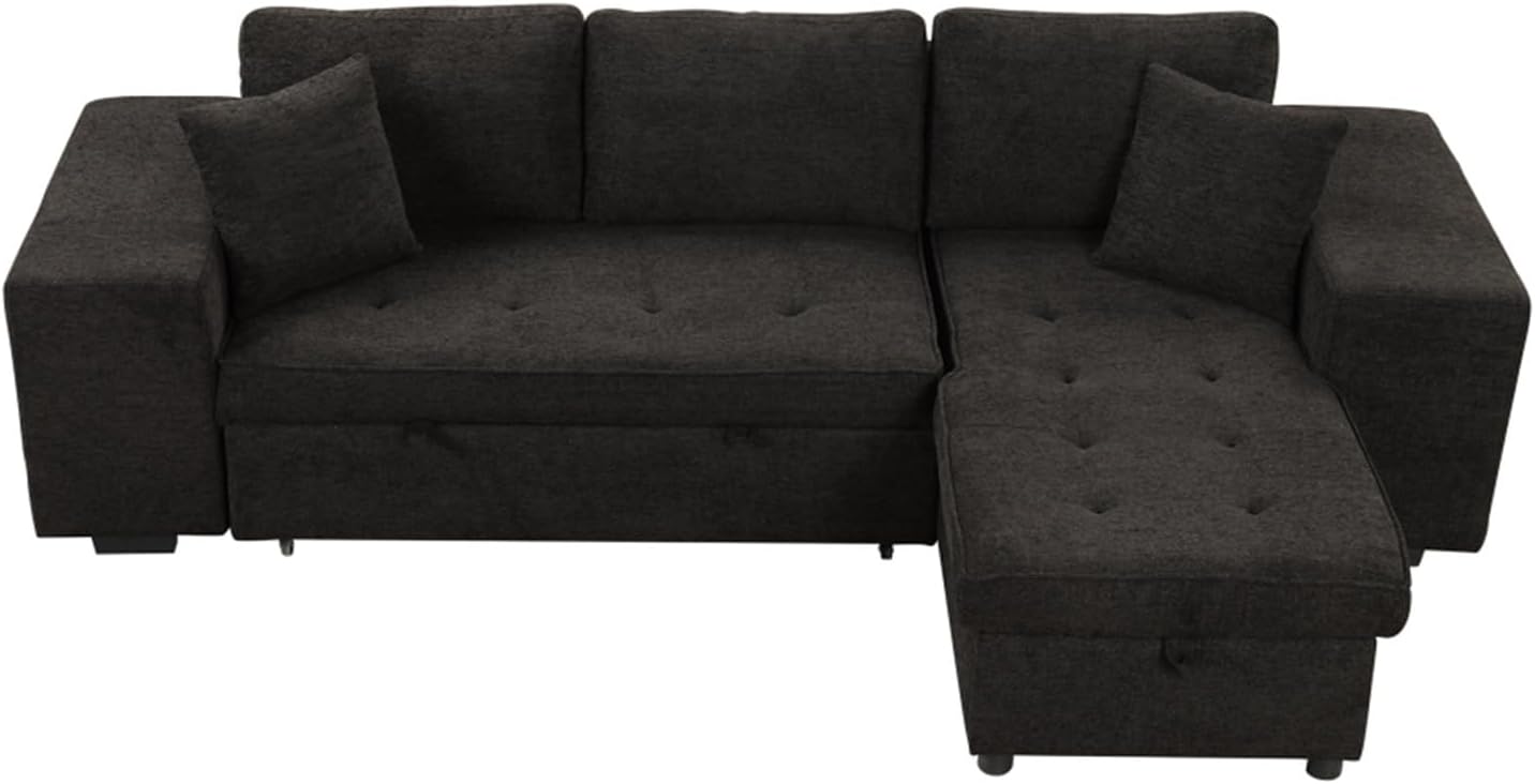 TONDI 104"" Modern L-Shape 3 Seat Reversible Sectional Couch, Pull Out Sleeper Sofa with Storage Chaise Charcoal Grey,Sofa Couch, qz-7461