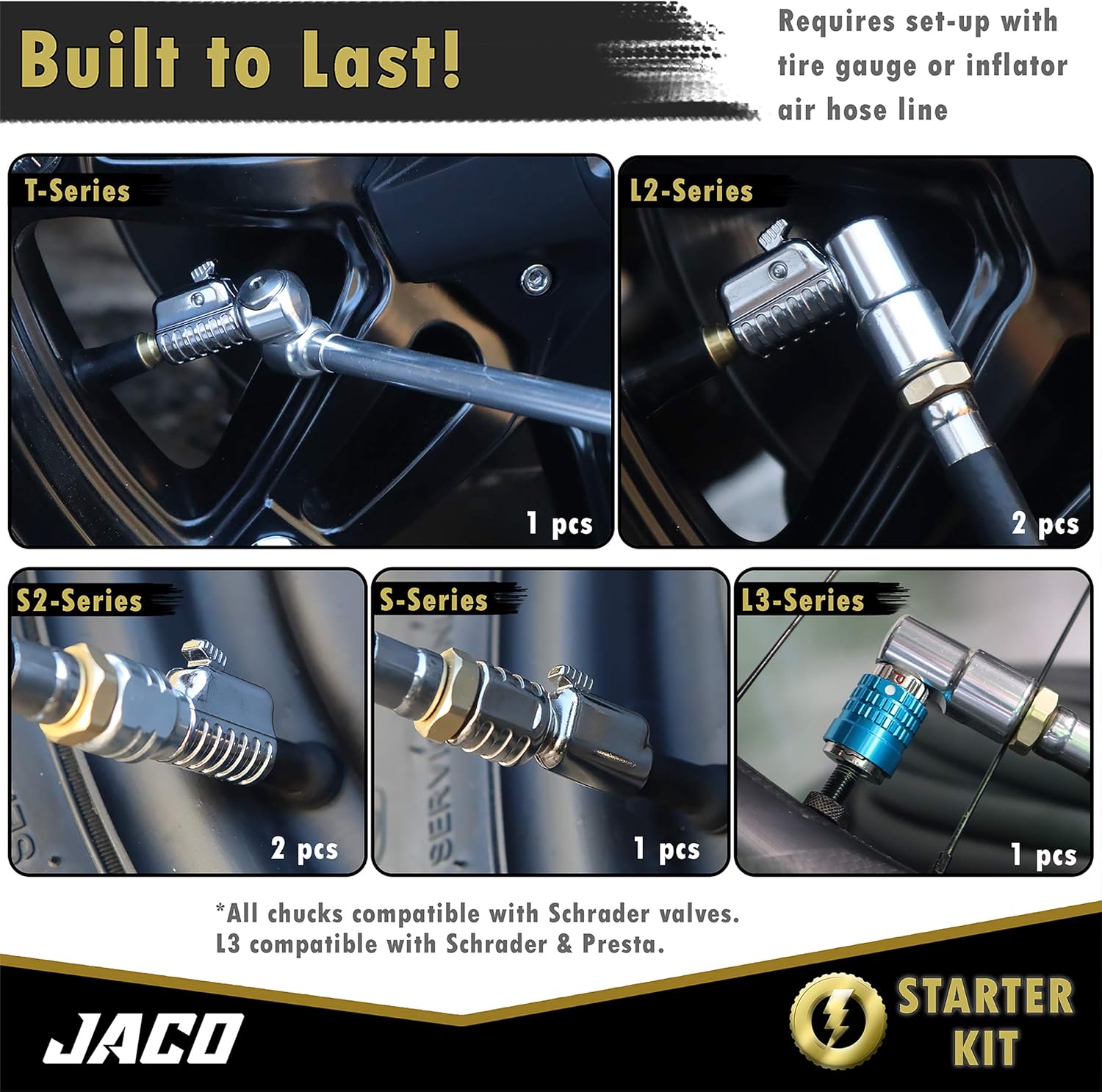 JACO Lightning Tire Air Chuck Kit (Set of 7) | Open Flow, 1/4" F-NPT