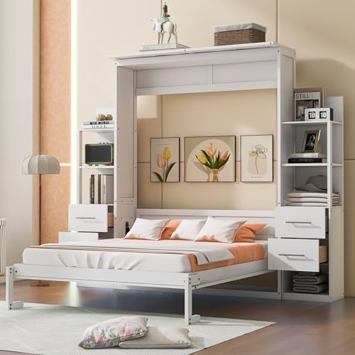 Queen Size Murphy Bed Wall Bed with 2 Side Cabinet Storage Shelf & Desk Combo,68-inch Vertical Wall Bedframe w/Can Be Folded for Bedroom Guest Room Small Space, White