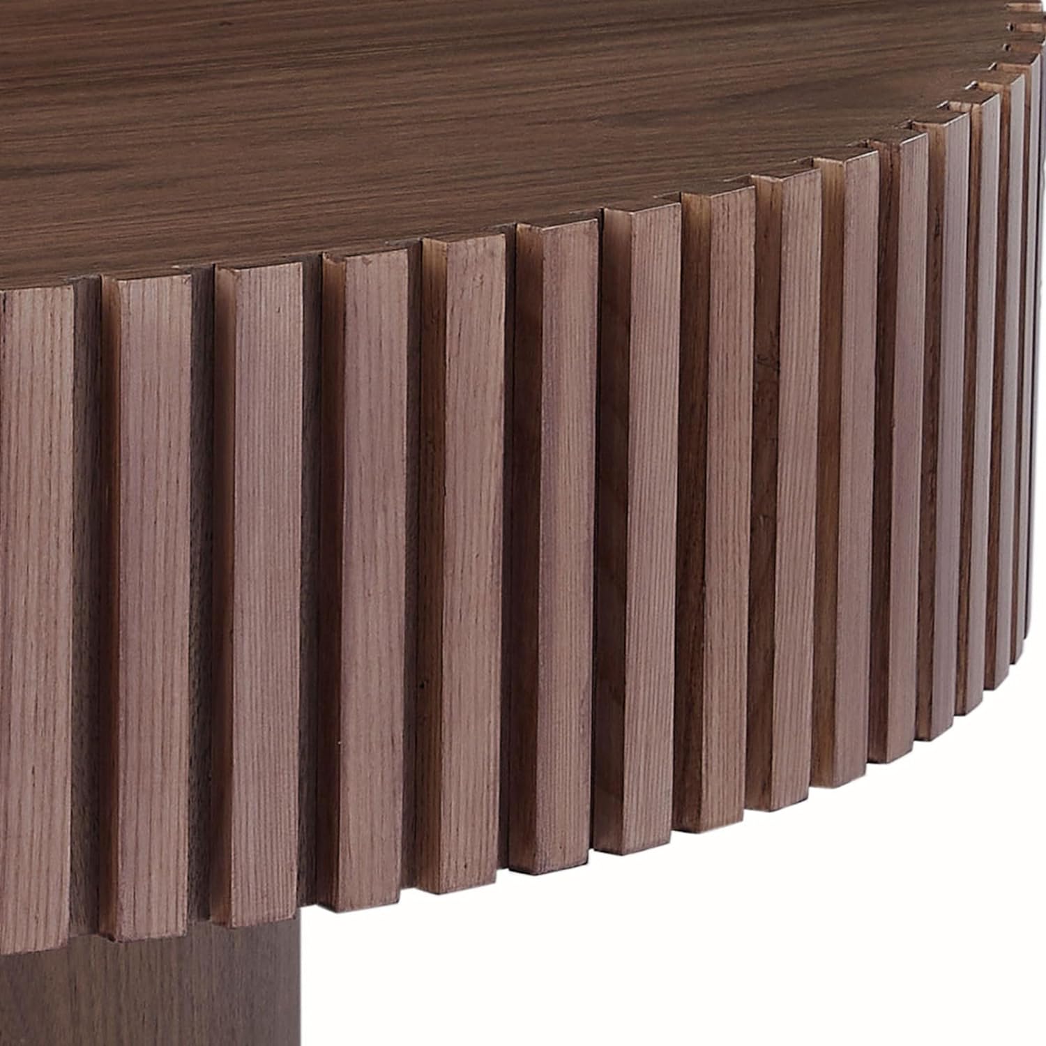 Fluted Coffee Table - Round Coffee Tables with Vertical Texture Relief Design, Contemporary Coffee Table with Cylindrical Sturdy Pedestal, Pedestal Coffee Table for Living Room (Walnut, 31.49'')