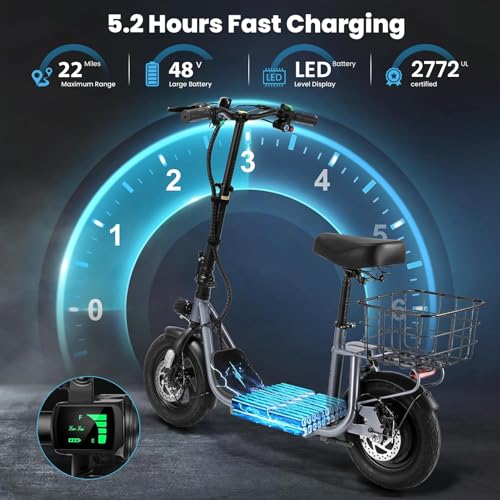 Caroma Peak 800W/1200W Electric Scooter Adults, 30 Miles Max Range, Foldable Electric Scooter with Seat, Front Suspension, Detachable Large Basket,Commuter E-Scooter for Adult and Teens