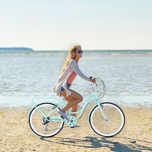 MEGHNA Cruiser Bike Low Step-Through 24inch Commuter Bike V - Brake 7 Speed Shifter Driven City Bike for Women Senior Men