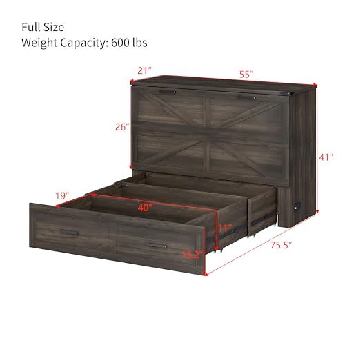 Wooden Murphy Cabinet Bed Frame with Charging Station, Full-Size Foldable Wall Bed with Large Storage Drawer for Home Apartment Limited Living Places, Space-Saving Hidden Bed No Box Spring Needed
