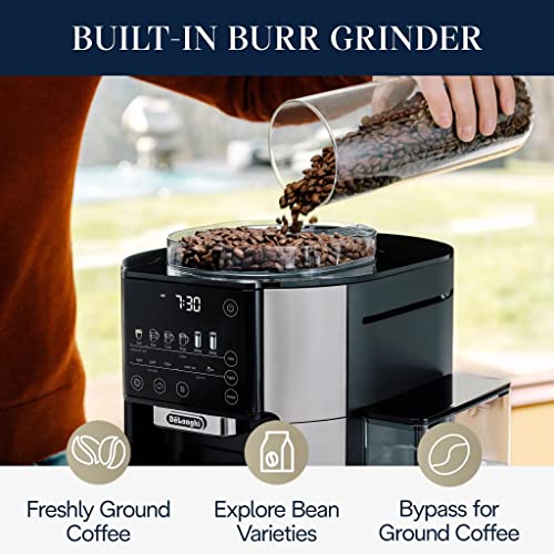 De'Longhi TrueBrew Drip Coffee Maker, Built in Grinder, Single Serve, 8 oz to 24 oz with 40 oz Carafe, Hot or Iced Coffee, Stainless,CAM51035M, Silver/Black