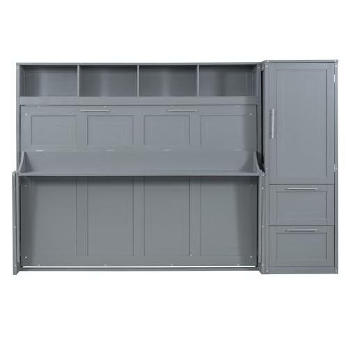 SOFTSEA Queen Size Horizontal Murphy Bed, Queen Murphy Bed with Desk Wardrobe Storage Shelf, Queen Hideaway Wall Bed with Drawers Space-Saving for Guest Room Bedroom or Office, Gray