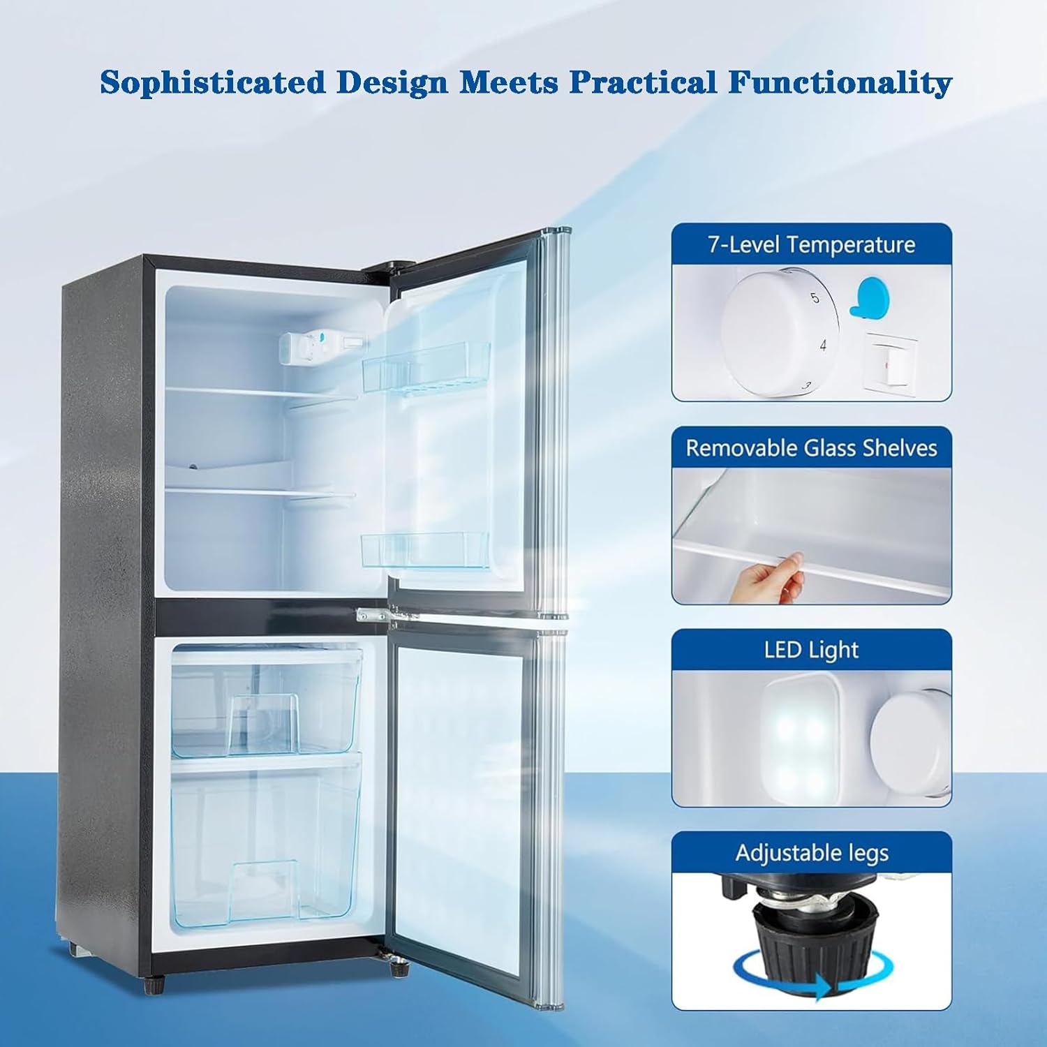 Compact Mini Fridge with Freezer 4.0 Cu.Ft Dual Zone Small Refrigerator 7 Level Adjustable Mechanical Thermostat Removable Glass Shelves LED Lighting for Bedroom, Kitchen, Dorm, Apartment, Bar, Office