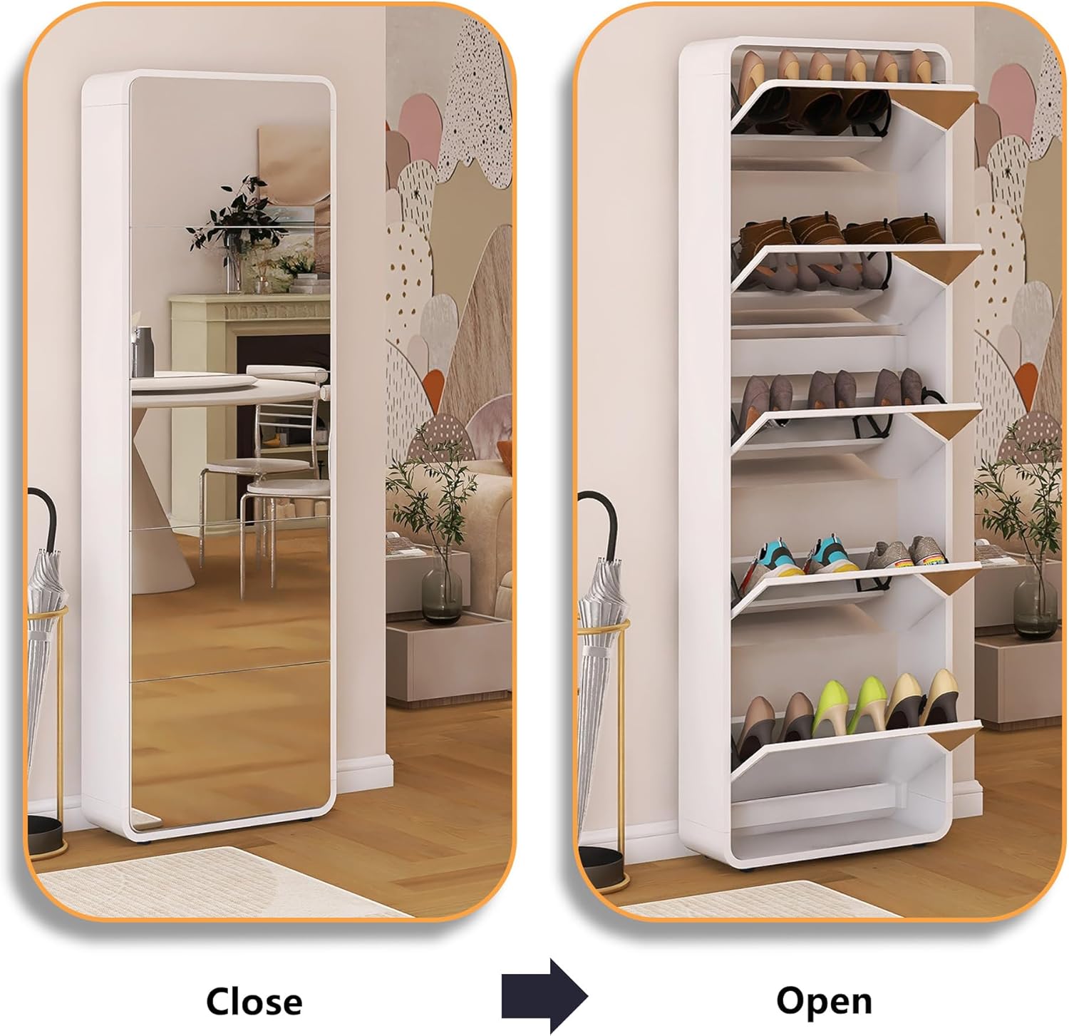 Arc Mirror Shoe Cabinet, FreeStanding Shoe Storage Organizer with Filp Drawers, 5 Tier Hidden Shoe Rack for Closet, Door, Entrance