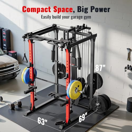 ARMAC Smith Machine, Multi-Functional Power Cage for Home Gym, 2000LBS Squat Rack with Two LAT Pull-Down Systems, Cable Crossover Machine and and More Cable Attachment