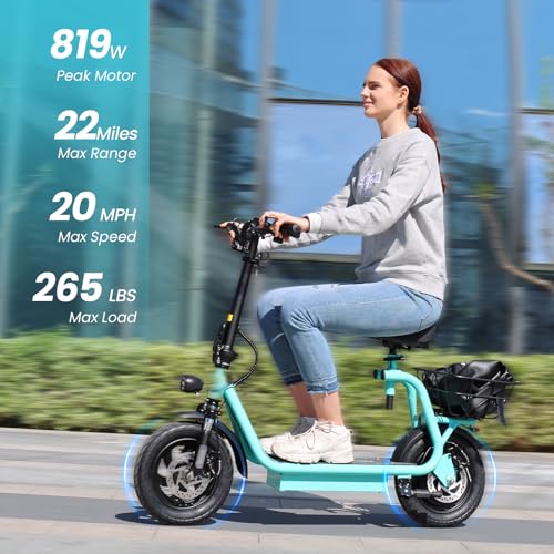 Caroma Peak 800W/1200W Electric Scooter Adults, 30 Miles Max Range, Foldable Electric Scooter with Seat, Front Suspension, Detachable Large Basket,Commuter E-Scooter for Adult and Teens