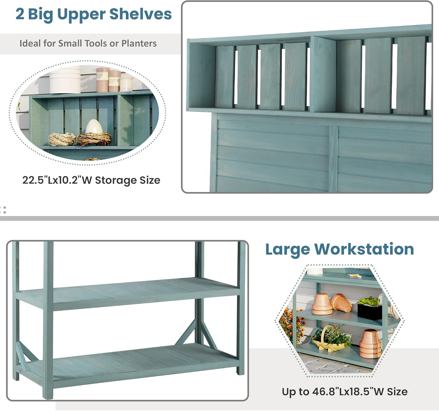 65" H Garden Wooden Potting Bench Table with 4 Storage Shelves and 3 Side Hook, Large Farmhouse Rustic Outdoor Patio Workstation w/Splash Plate & Anti-Falling Device, for Backyard Balcony, Green