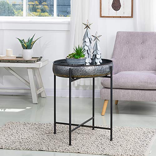 glitzhome Set of 2 Metal End Table with Removable Tray,Galvanized Side End Table Round and Waterproof Outdoor or Indoor Tray for Living Room Bedroom Balcony and Office