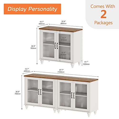 WAMPAT TV Stand for 43 Inch TV with Yellow LED Light, Wood TV Console Table Entertainment Center for Living Room, Buffet Cabinet with Glass Door for Dining Room, Off White