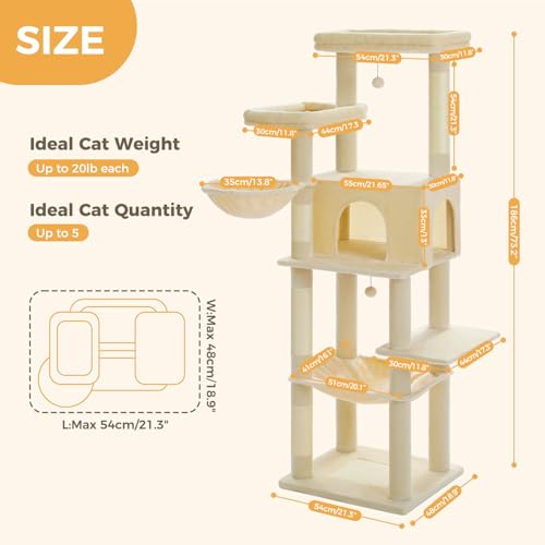 PAWZ Road Large Cat Tree, 73 Inches Tall Wooden Cat Tower with 2 Spacious Hammocks,2 Big Top Beds,8 Fully Scratching Posts and Natural Wood Posts, Multi Cat Tree for Indoor Cats Large Adult-XL