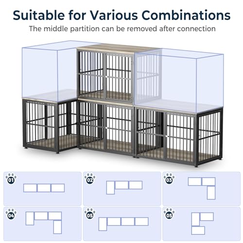 86.62''Dog Crate Furniture Large Breed TV Stand with Double Rooms,Wooden Dog Kennel Dog Crate End Table with Removable Divider for Large Medium Dogs, Can Use Separately, Brown