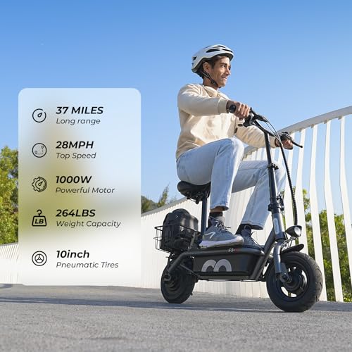 iScooter Electric Scooter with Seat, 37/21 Miles Long Range & 28/19/15.6 MPH Top Speed, 14"/12"/10" Pneumatic Tire, Height Adjustable Seat & Handlebar, Dual Suspensions Commuting Scooter with Basket