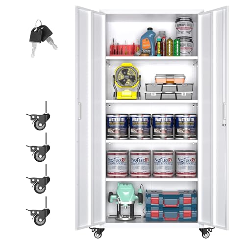 73" H Metal Storage Cabinet with Wheels, Garage Storage Cabinet with 4 Adjustable Shelves and Lockable Doors for Garage Home Office Utility Room,Required Assembly,Black