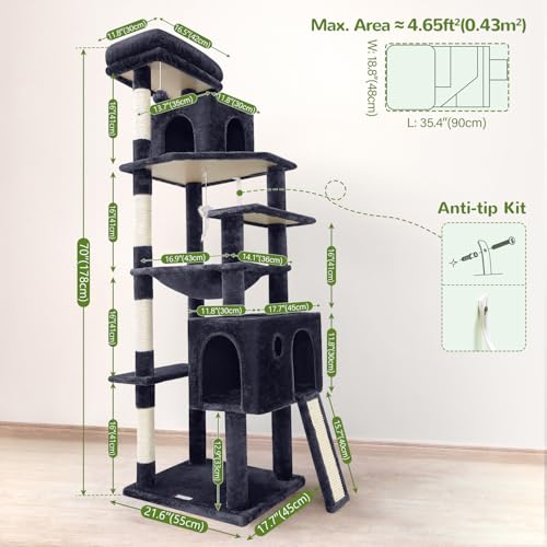 Globlazer Heavy Duty Cat Tree, 70 inch Sturdy Cat Tree for Indoor Cats Extra Large Cat Tower with Scratching Post, Hammock, Cat Condo for Adult Cats Kittens, F70 Pro, Light Grey