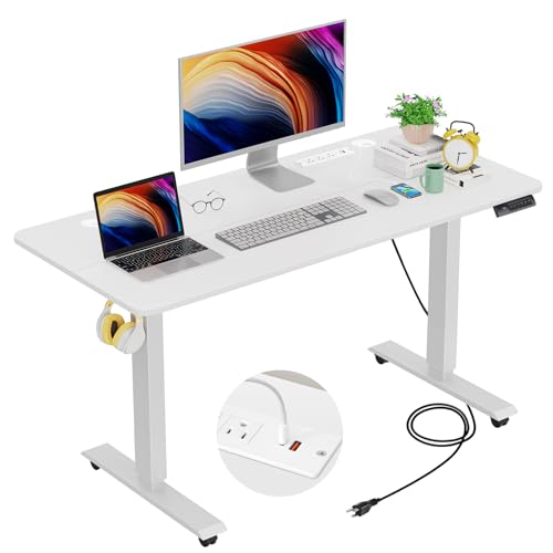 farexon Electric Standing Desk 55 x 24In with Charging Station, Stand up Desk with Oversized Mouse Pad, 2 USB Ports & 3 Power Outlets, 4 Caster, 4 Preset Heights Easy to Set（Brown）