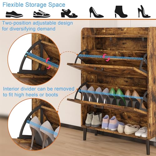 HOMEFORT Shoe Storage Cabinet for Entryway, Slim Shoe Organizer with Two Flip Drawers, Narrow Shoe Rack Cabinet with Wood Legs, Farmhouse Hidden Shoe Cabinet for Front Door Entrance,Rustic Brown