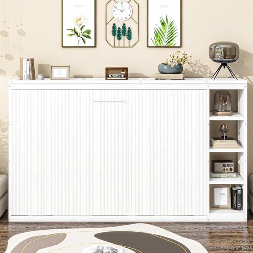 Full Murphy Bed with Storage Shelves,Wood Murphy Bed Cabinet with Storage Bookcase,Fold Up Bed Modern Murphy Wall Bed Full Size (White,Full)