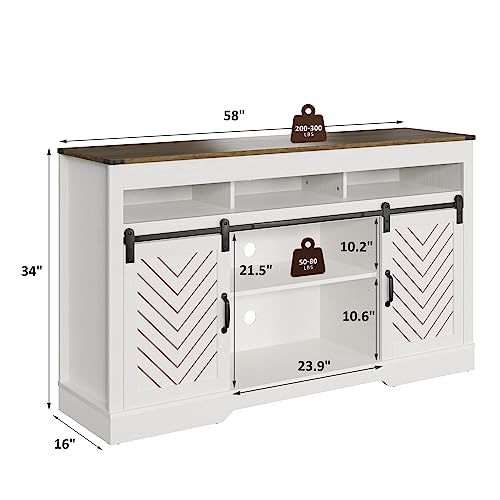 Farmhouse TV Stand for 65+ Inch TV, Modern Rustic Entertainment Center w/Sliding Barn Door, Rustic Media Console w/Storage Shelves, Wood Television Stand for Living Room, White