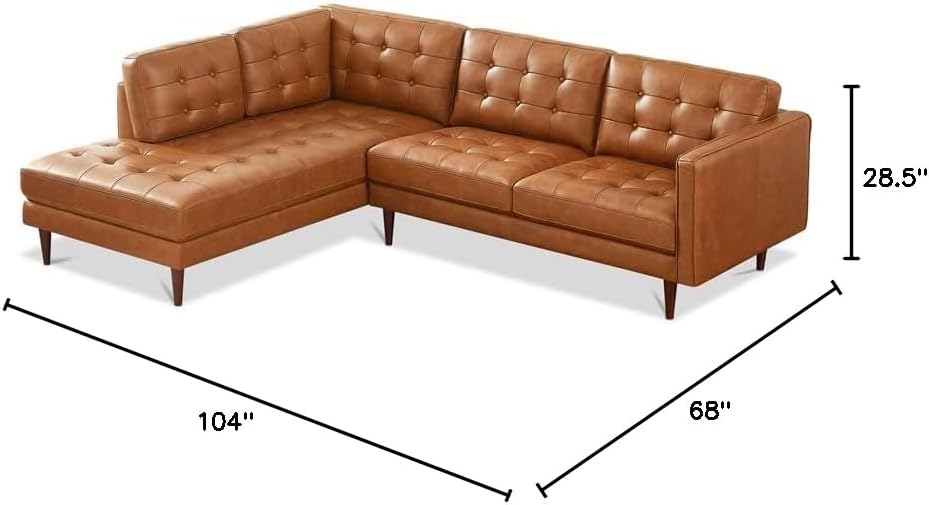 ASHCROFT Lucille Modern Living Room Top Leather Corner Sectional Couch in Cognac Tan