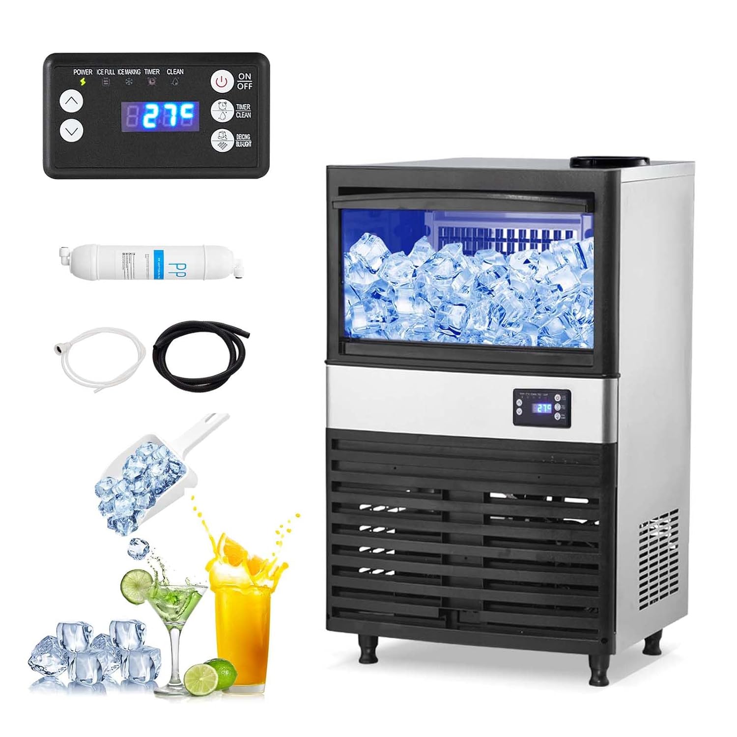 Commercial Ice Maker Machine, 110Lbs/24H, 26Lbs Storage Bin, Under Counter ice Machine, Automatic Cleaning Function Ideal for Home, Bar, Hotel,Coffee Shop, 2 Water Inlet Modes