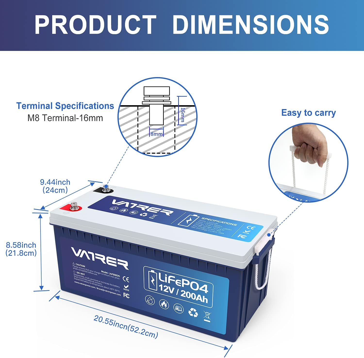 12V 200AH Lithium Iron LiFePO4 Deep Cycle Battery, Built-in 200A BMS, 2000+ Cycles Rechargeable Lithium Ion Battery, Perfect for RV/Camper, Solar, Marine, Overland/Van, and Off Grid Applications