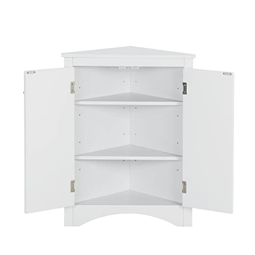 Corner Storage Cabinet, Wood Triangle Bathroom Cabinet with Adjustable Shelves, Freestanding Floor Cabinet with 2 Doors for Home Kitchen Bathroom (Grey + MDF)