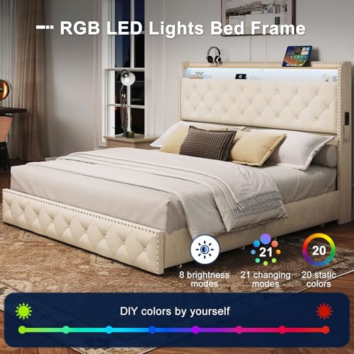 King Size Bed Frame with LED lights & USB Charging Station, Velvet Upholstered Platform Bed with Storage Headboard and 4 Drawers, No Box Spring Needed, Easy Assembly, Beige