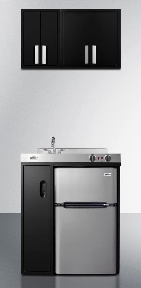 Summit Appliance CAB18TALLBLK 18' Wide Wall Cabinet with Powder Coated Metal Construction in a Black Finish with Two Shelves, French Doors, and Angled Steel Handles