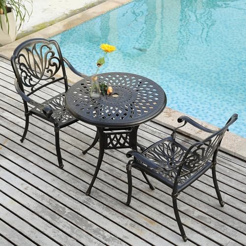 Patio Dining Table,Cast Aluminum Patio Table with Umbrella Hole, Outdoor Bistro Table for Backyard, Garden, Patio…