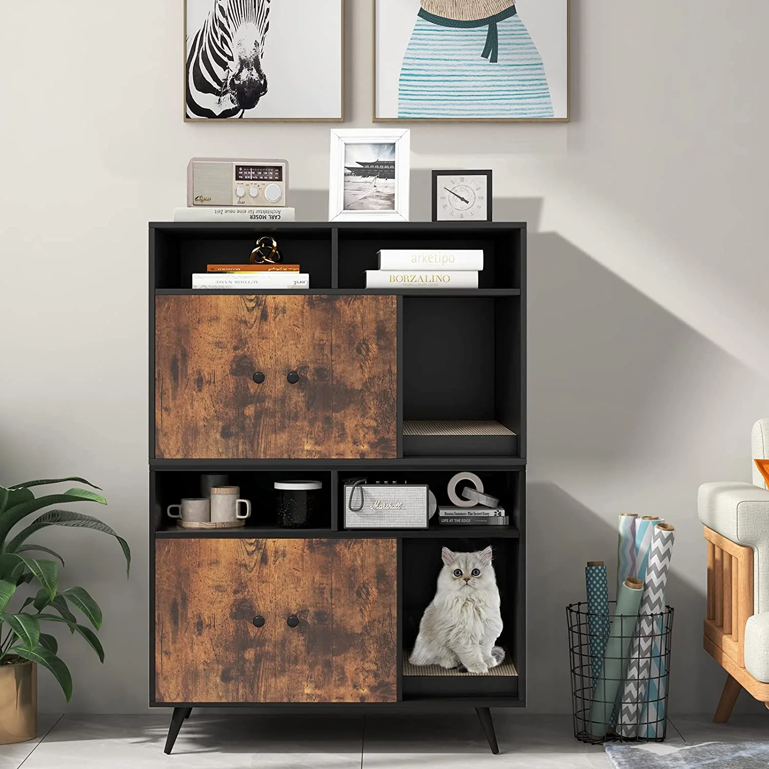 Cat Litter Box Enclosure, Hidden Cat Washroom Furniture with Double Door Cabinet, Compartments & Cat Scratch Pad, Pet House Side Table for Indoor Cats, Litter Box Furniture (Rustic Brown)