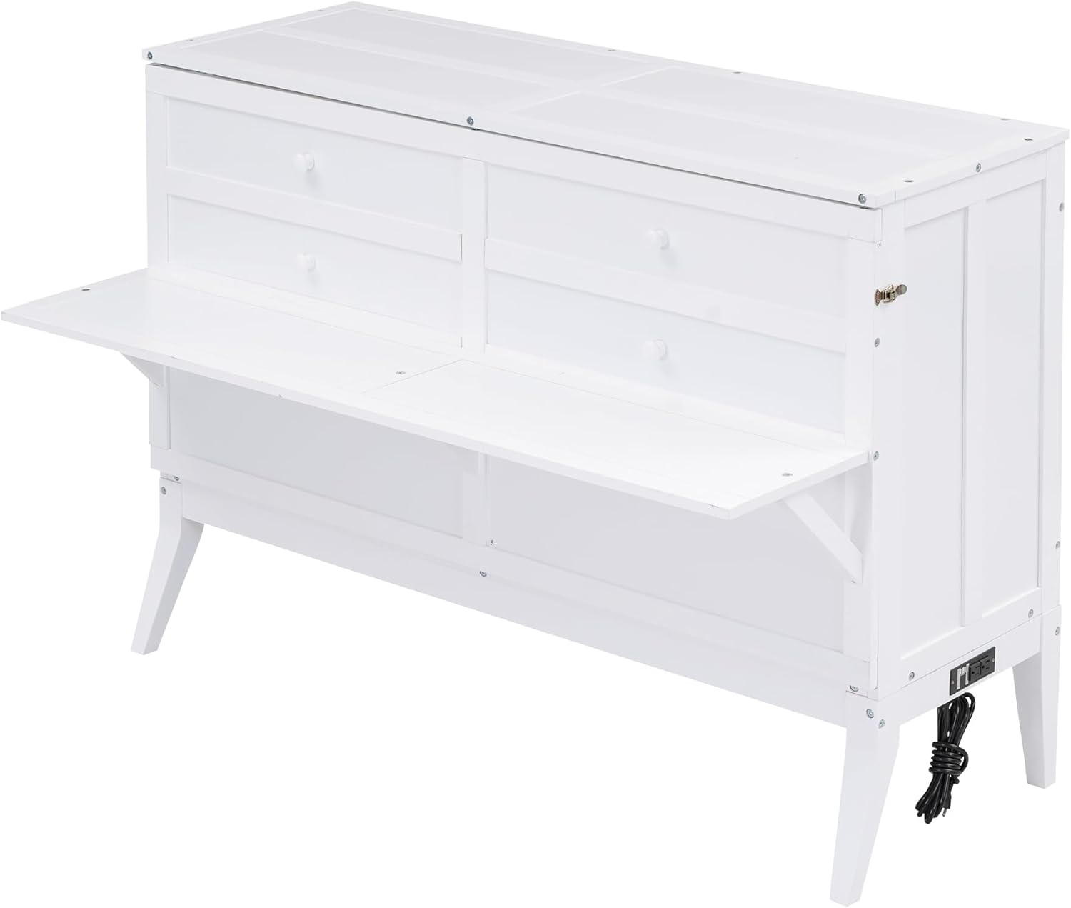 Queen Murphy Bed Chest with Charging Station, Wood Murphy Cube Cabinet Bed with a Shelf/Desk for Guest Room or Home Office, White