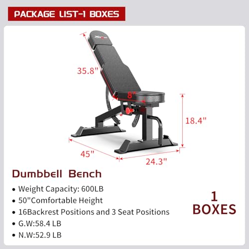 600LB Weight Training Bench, Adjustable Weight Bench for Total Body Workout, Stable Exercise Bench for Home Gym Strength Training,Incline Flat Decline Sit Up Bench for Full Body Fitness