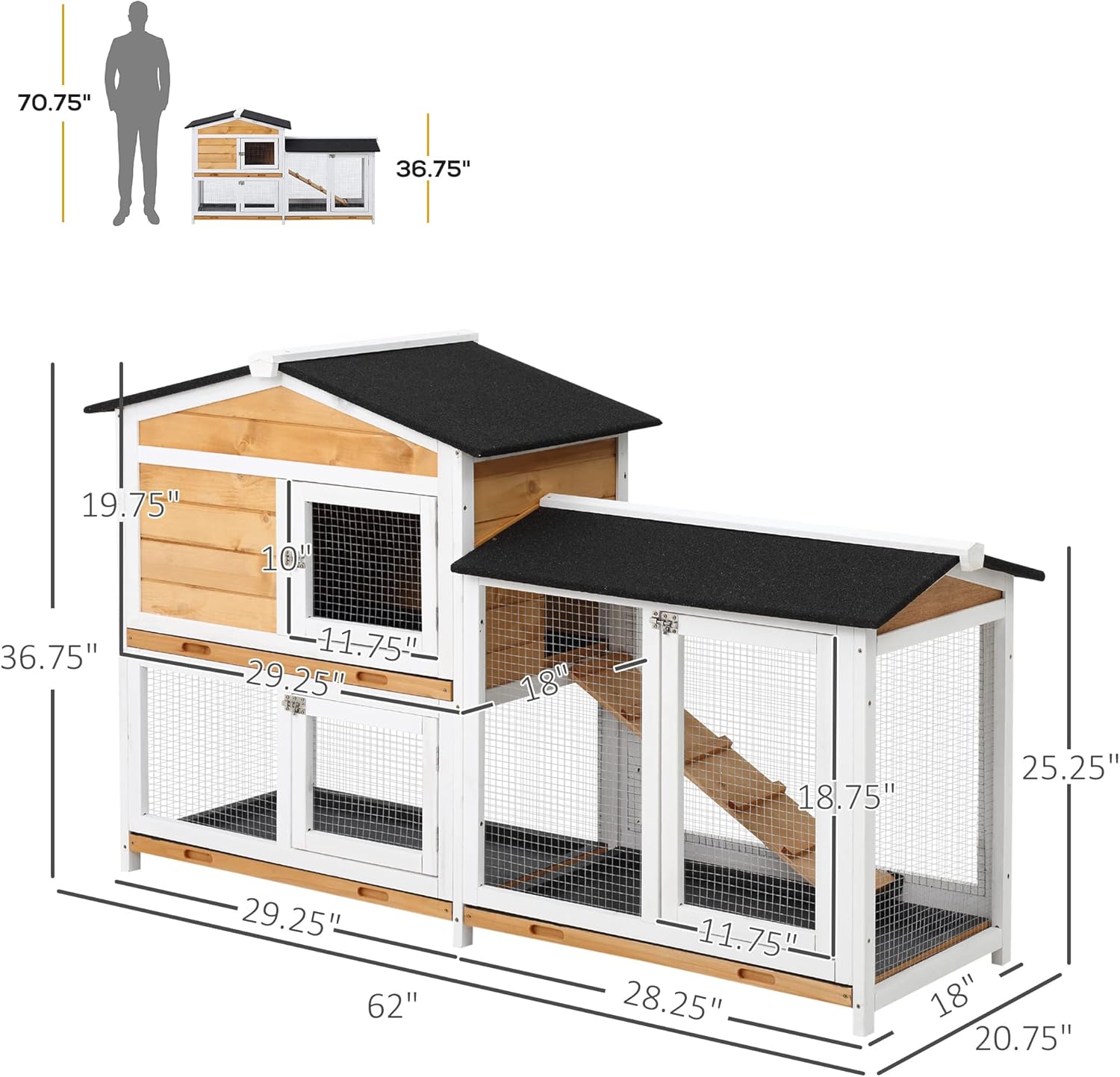 2-Story Rabbit Hutch Wooden Bunny Hutch Cage Small Animal House with Ramp, No Leak Tray, Weatherproof Roof and Outdoor Run, Indoor/Outdoor, Yellow