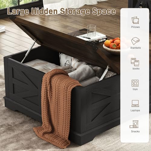 36" Farmhouse Movable Lift Top Coffee Table with Storage and Power Outlets, Square Wood Living Room Tables with Wheels&Large Hidden Space, Lift Wooden Barn Door Center Table, White