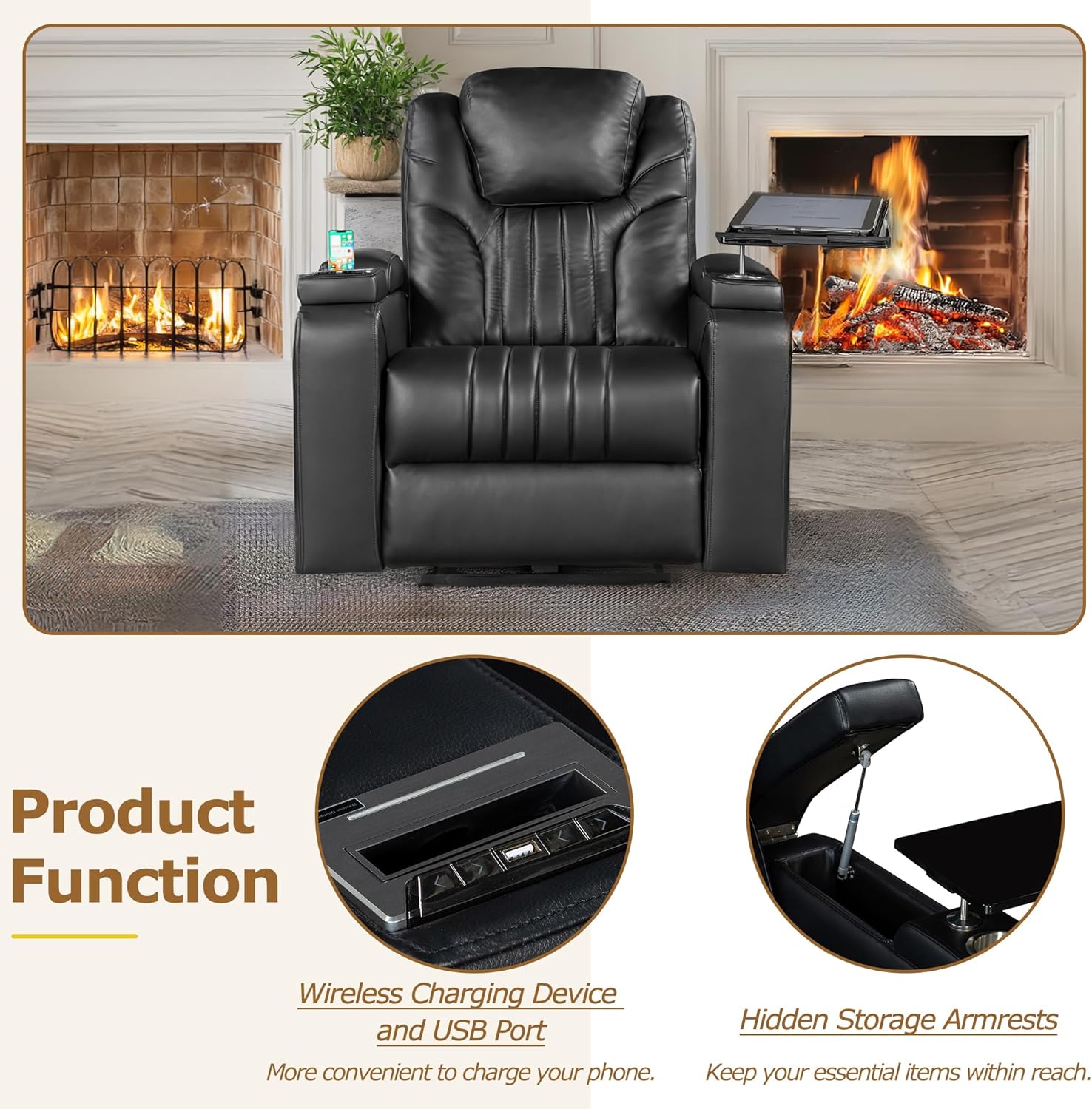 PU Leather Power Recliner Home Theater Recliner with Power Adjustable Headrest, Wireless Charging Device, USB Port, Storage Arms, Cup Holder and Swivel Tray Table for Living Room, Black