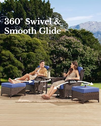 Luxury Patio Furniture Set with 6-inch Thick Cushion, Outdoor Couch and High Back Swivel Rocker Patio Chairs, 7PCS Wicker Conversation Set for Deck, Yard, and Poolside in Blue (V2)