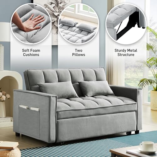 3 in 1 Convertible Sleeper Sofa Bed with Pullout Bed, Small Sofa, Loveseat Futon Sofa with Pillows, Pockets, Adjustable Backrest, Velvet Futon Couch Bed for RV, Living Room, Beige
