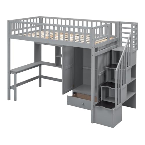 Full Size Loft Bed with Wardrobe Desk Storage Stairs, Wood Loft Bed Frame with Bookcase and Drawers, High Loft Bedframe for Kids Teens Adults, No Box Spring Needed, Espresso