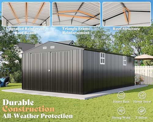 AMERLIFE 13.2x21x8 FT Outdoor Metal Garage Shed, Extra Large Storage Shed with Double Hinged Doors, 4 Windows, Carport for Car, Truck, Motorcycle and Lawn Equipment, Dark Grey