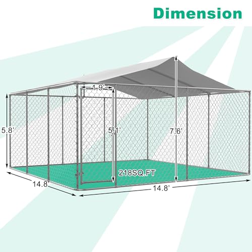 13.1x7.5x7.6 FT Outdoor Dog Kennel, Large Heavy Duty Galvanized Steel Dog Cage with Waterproof Cover, Dog Fence House w/Secure Lock, Anti Rust Dog Enclosure Playpen for Backyard, Silver