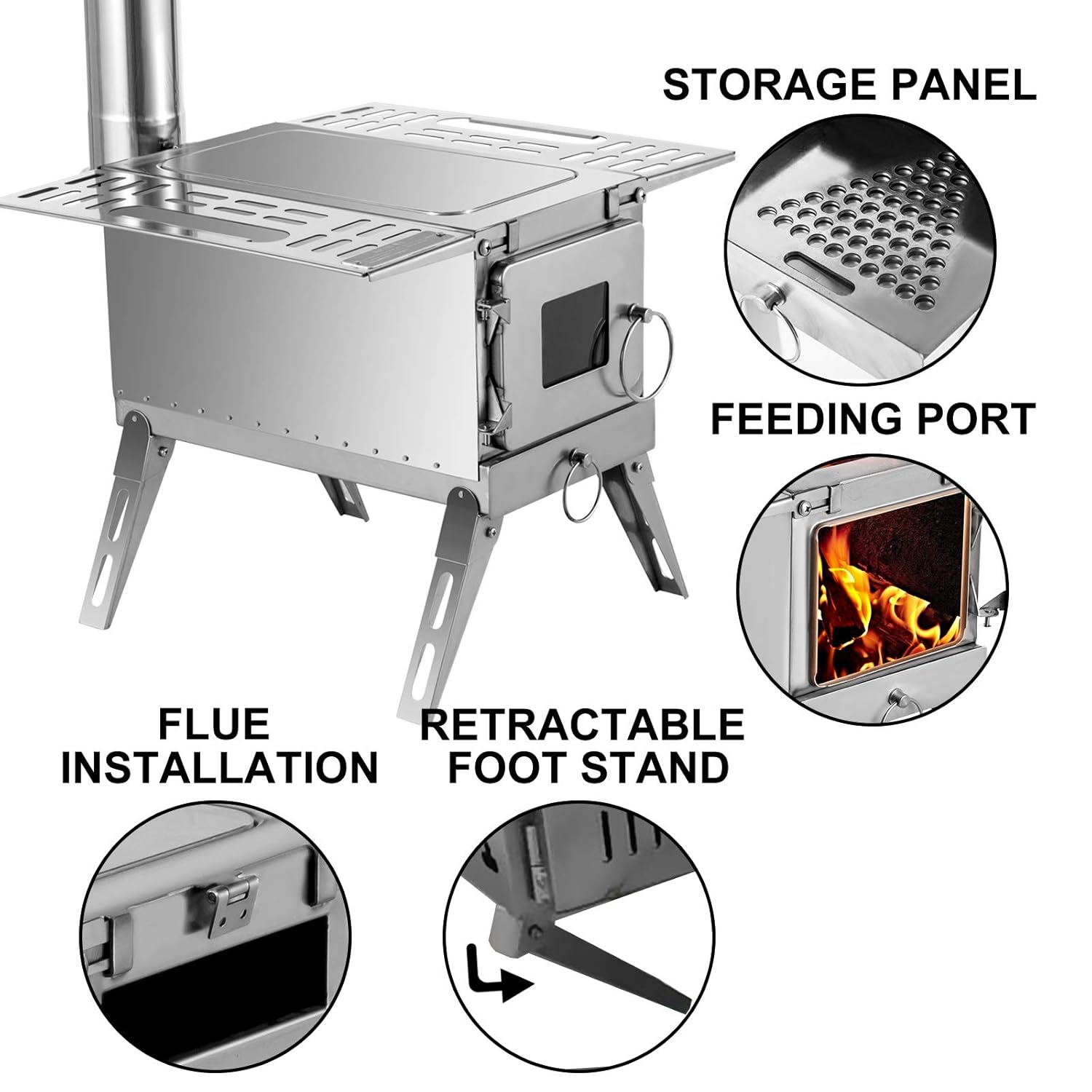 Happybuy Tent Wood Stove 18.3x15x14.17 inch, Camping Wood Stove 304 Stainless Steel With Folding Pipe, Portable Wood Stove 90.6 inch Total Height For Camping, Tent Heating, Hunting, Outdoor Cooking