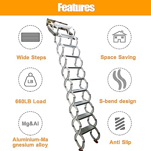 TECHTONGDA Folding Loft Ladder, 9.8 ft Wall Mounted Telescopic Folding Attic Ladder, Al-Mg Alloy Pull Down Attic Stairs with Adjustable Height, 660LB Load Capacity, Ideal for Narrow Wall Installation