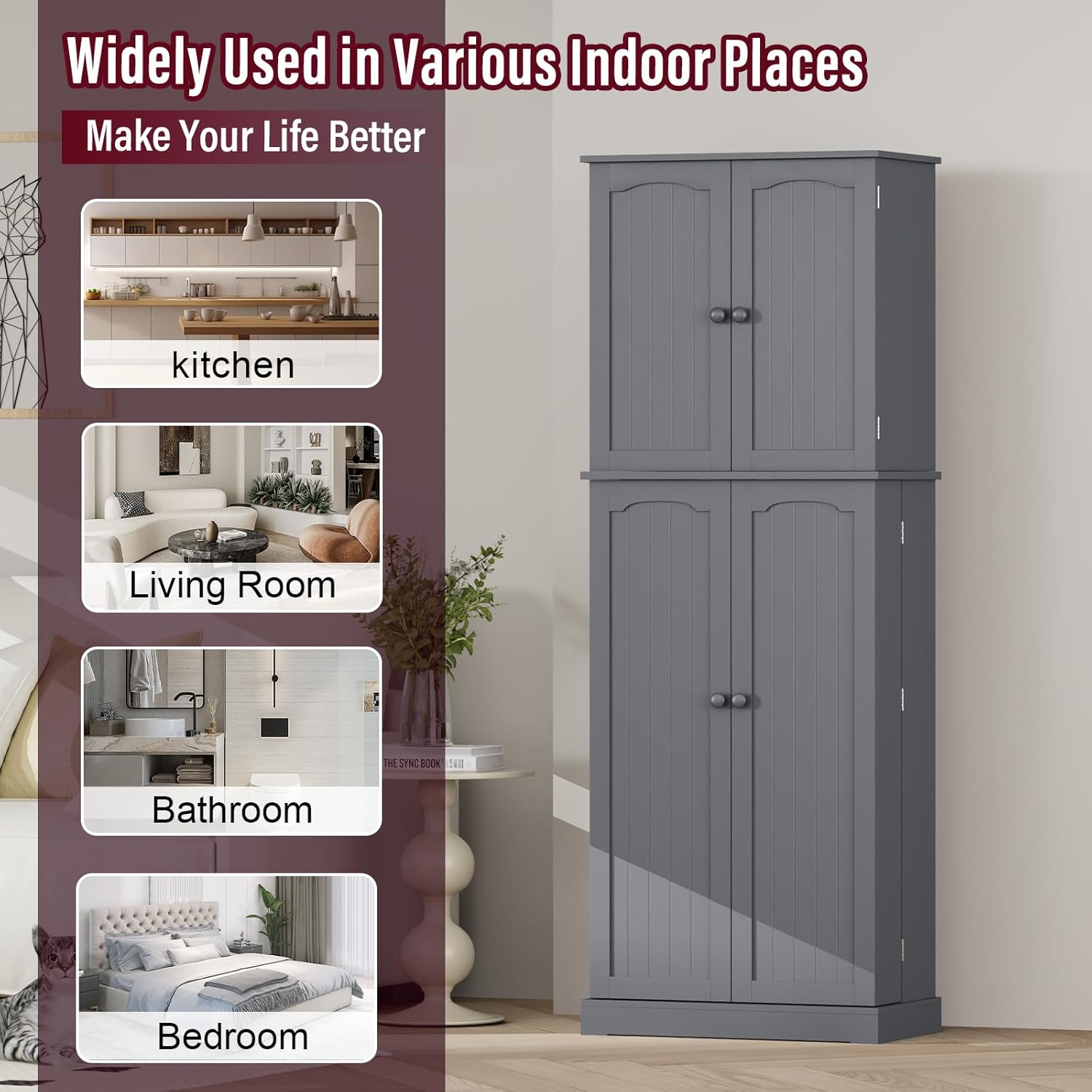 HOME BI 64" Kitchen Pantry Cabinet, Tall Freestanding Pantry Storage Cabinet, Food Pantry Cabinets with Doors and Shelves for Home Kitchen, Dining Room, Living Room, Gray.