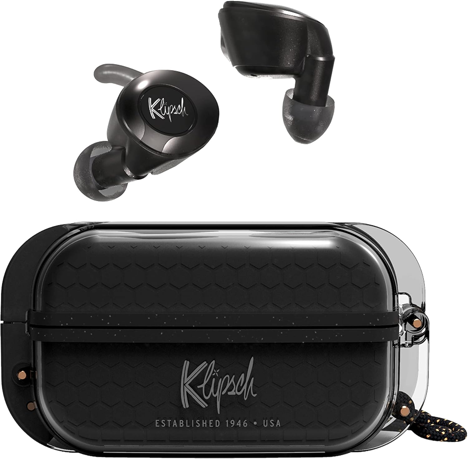 Klipsch T5 II True Wireless Sport Earphones in Black with Dust/Waterproof Case & Earbuds, Best Fitting Ear Tips, Ear Wings, 32 Hours of Battery Life, and Wireless Charging Case
